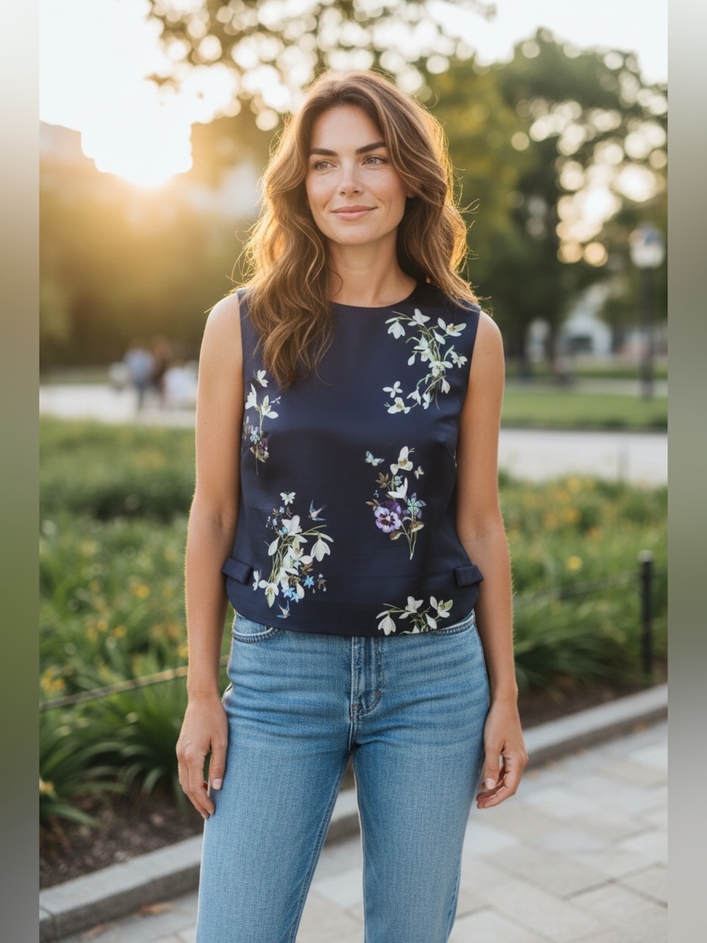 Ted Baker - NWT - Navy Floral Sleeveless Top with Pale Floral Print. Size 8